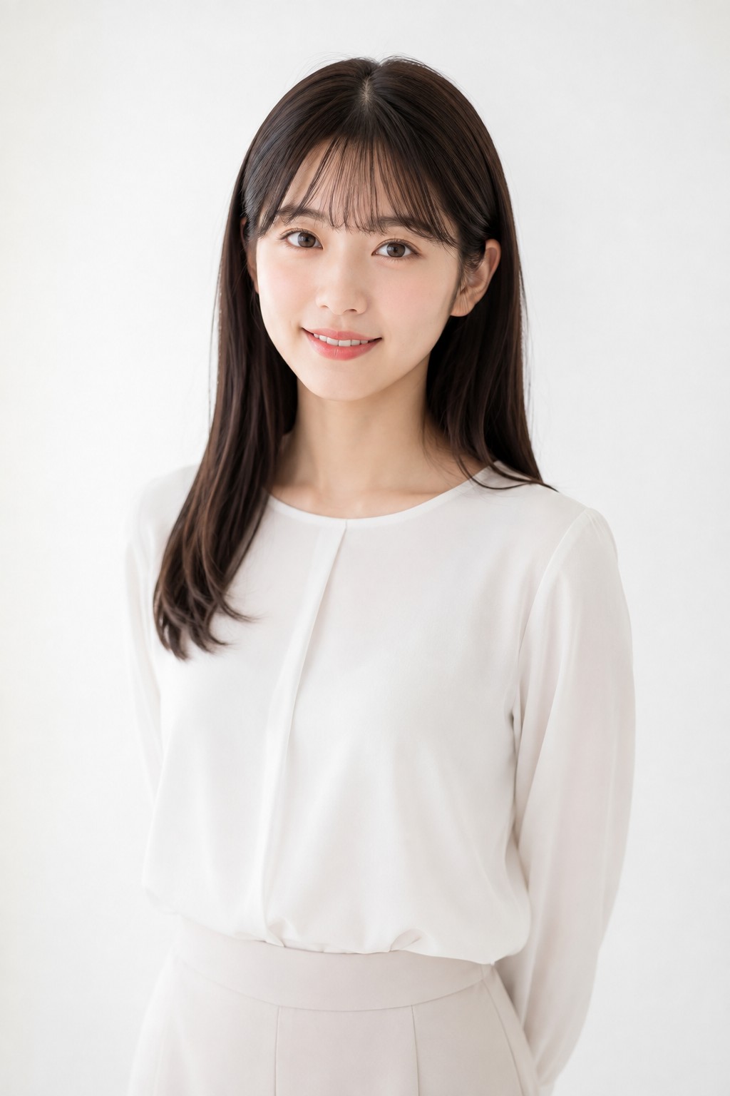 清潔感のある白いトップスを着用し、自然な立ち姿で微笑むオーディション用宣材写真