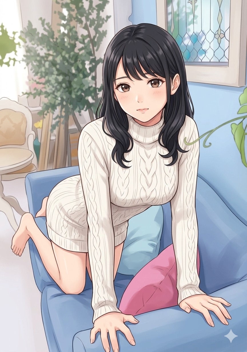 四つん這い上目遣いでバストラインを強調するポーズ