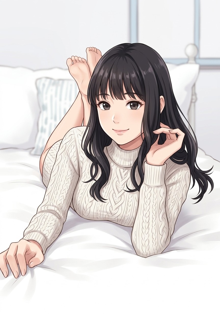 うつ伏せで足を跳ね上げた無邪気でセクシーなポーズ