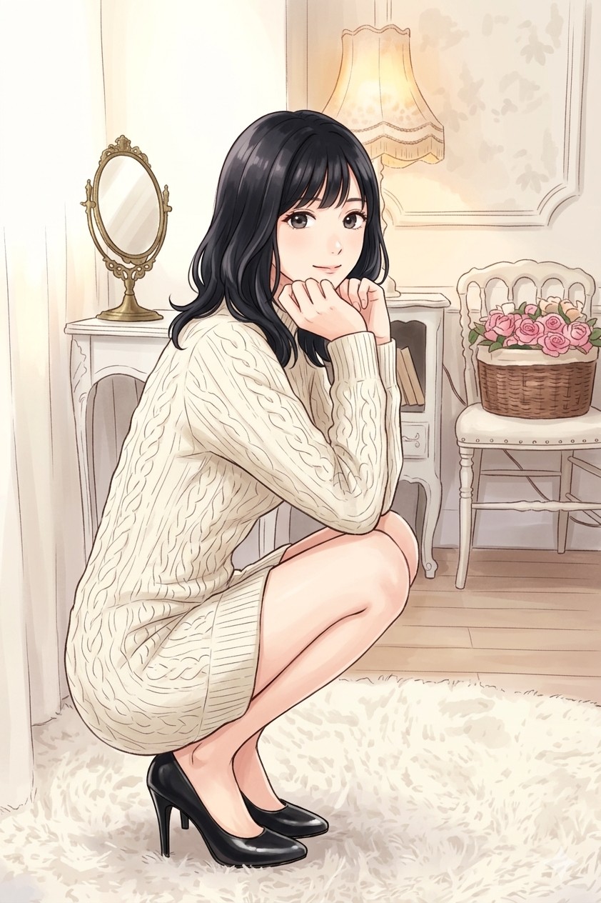 床にしゃがみ両手であごを支える小顔ポーズ