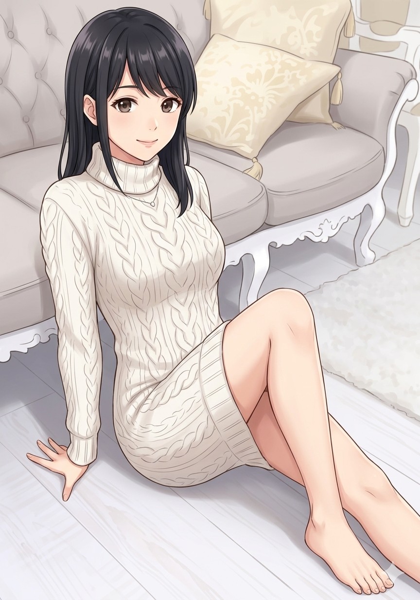 床に脚を流して座る脚長効果のある美脚ポーズ