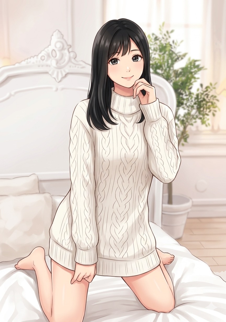 ベッドの上での膝立ち前傾ポーズ