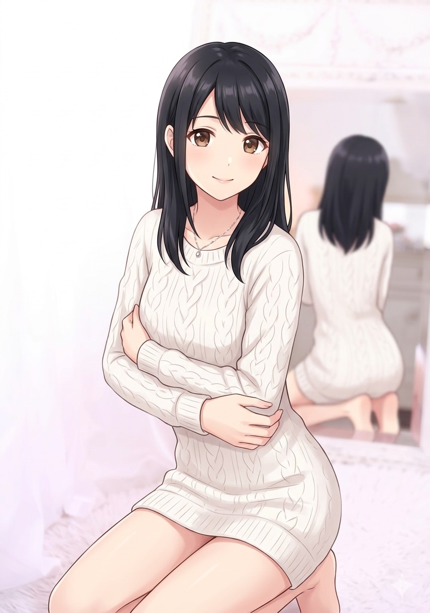 鏡越しに正面と背中を同時に見せる自撮り風ポーズ