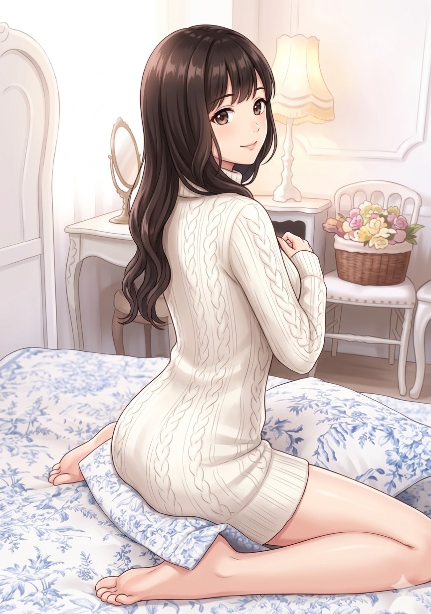 床に座り肩越しに振り返る上品な色気のポーズ