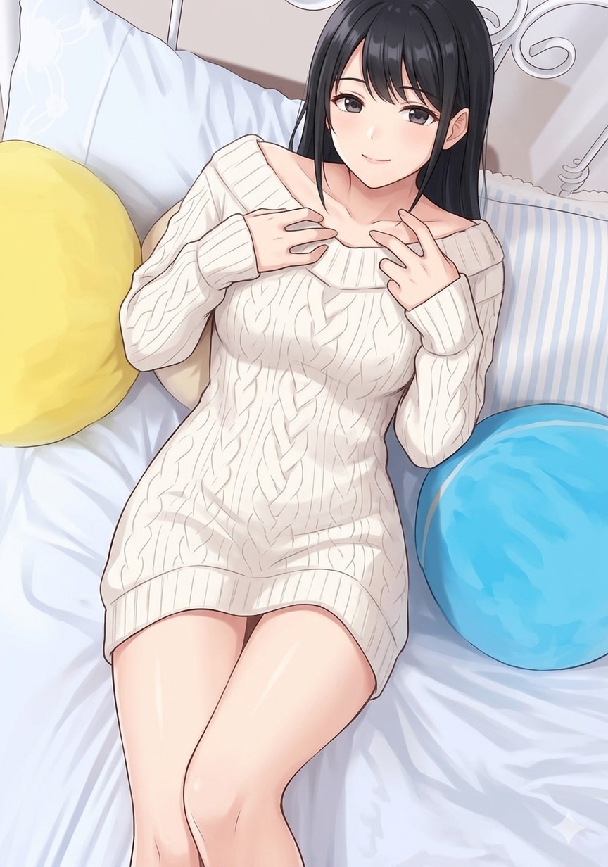 ベッドに仰向けで横たわる誘うような瞳のポーズ