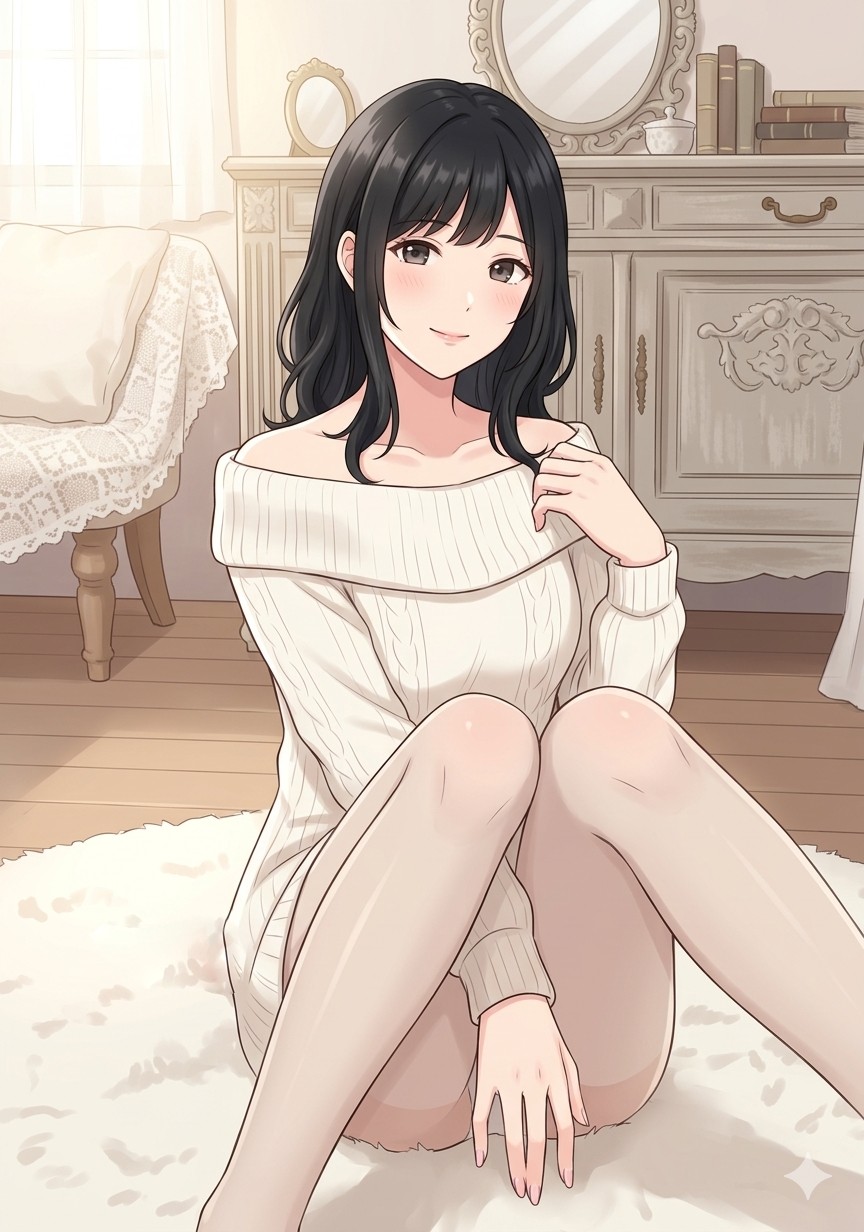 体育座りで膝を抱え足の間に手を添えるポーズ