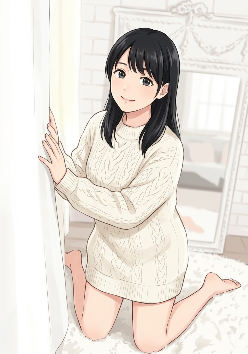 カーテン横で膝立ちになり肩越しに振り返るポーズ